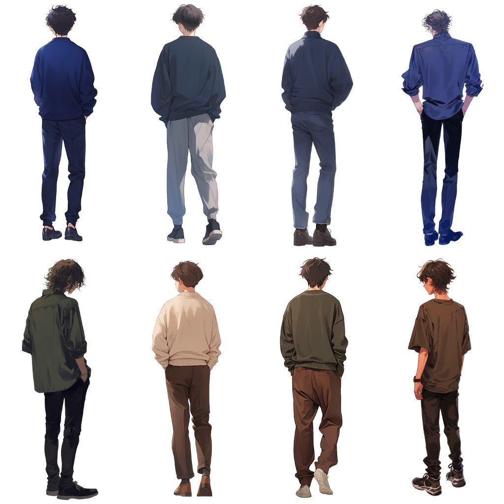 Back view 50 standing illustration (Male Full-body)