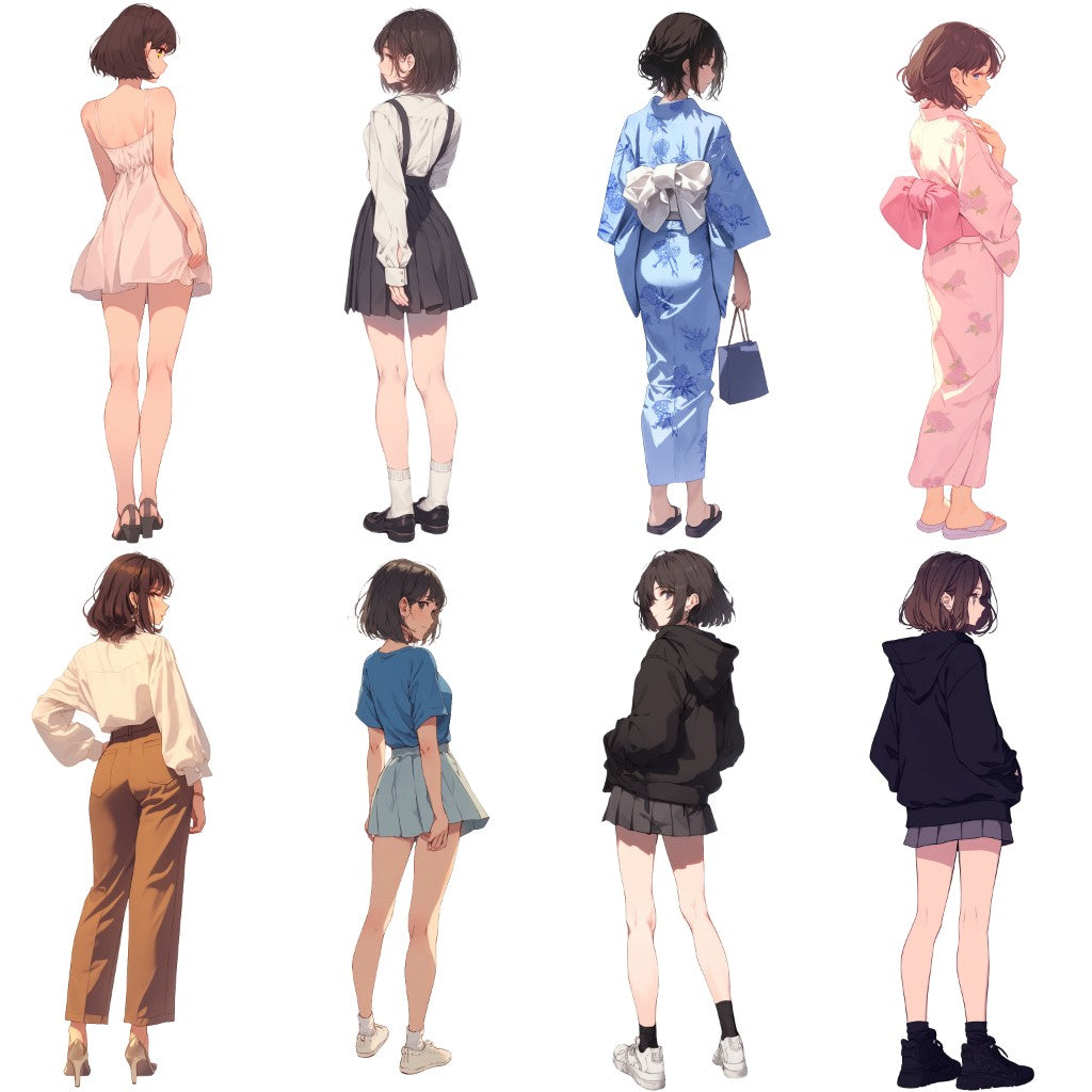 Back view 50 standing illustration (Female Full-body)