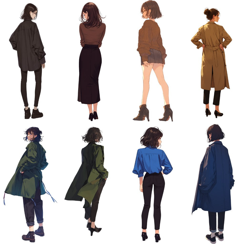 Back view 50 standing illustration (Female Full-body)