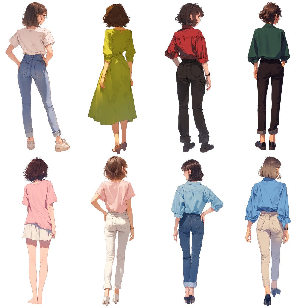 Back view 50 standing illustration (Female Full-body)