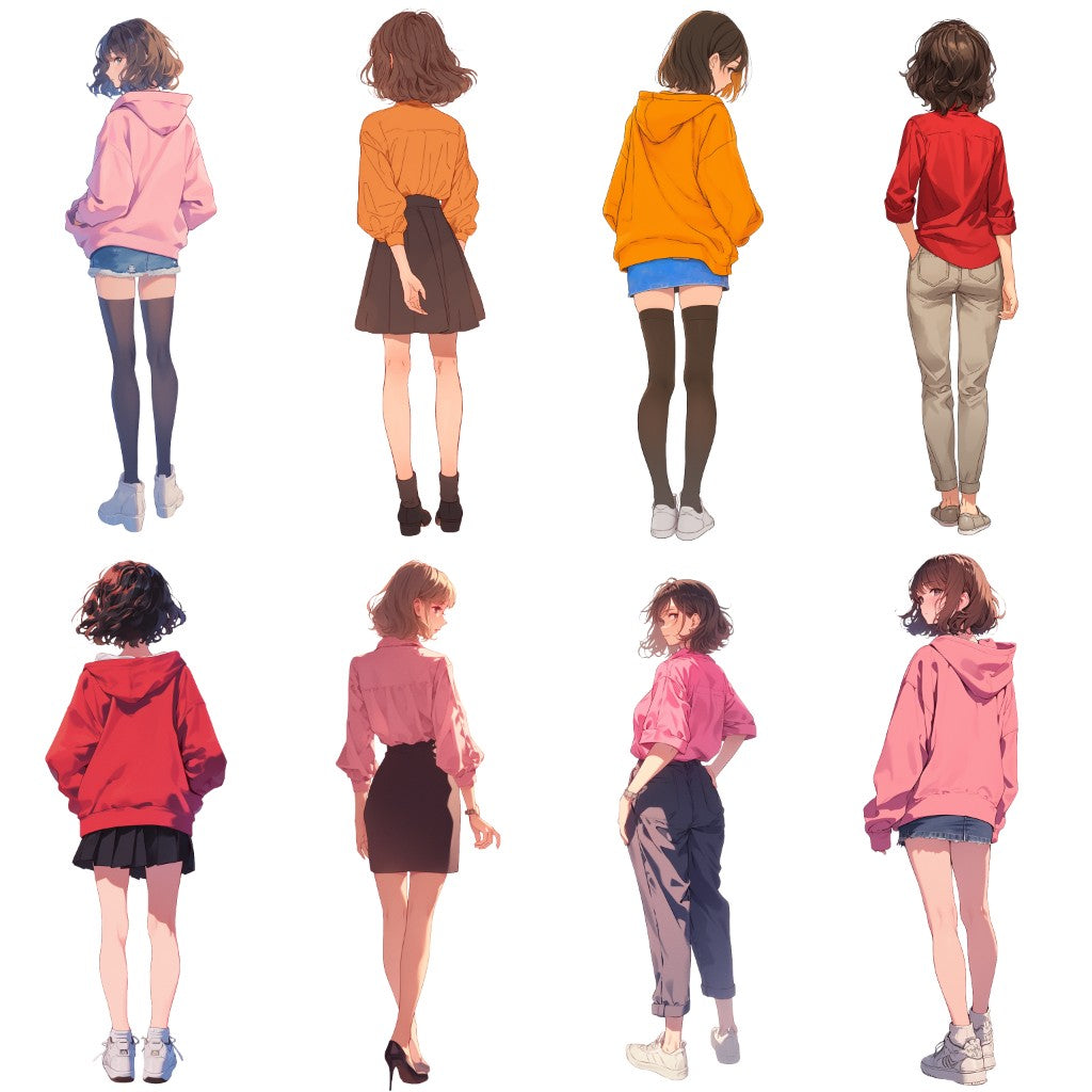 Back view 50 standing illustration (Female Full-body)