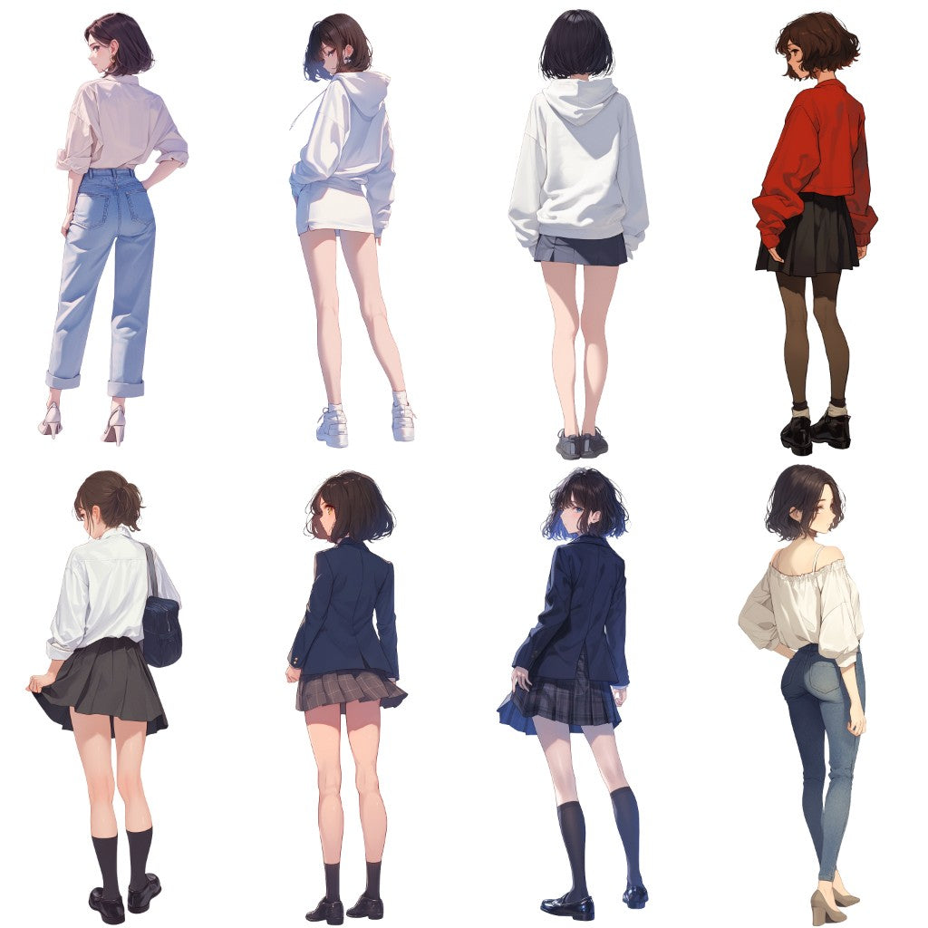Back view 50 standing illustration (Female Full-body)