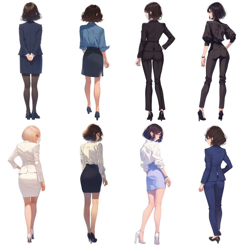 Back view 50 standing illustration (Female Full-body)