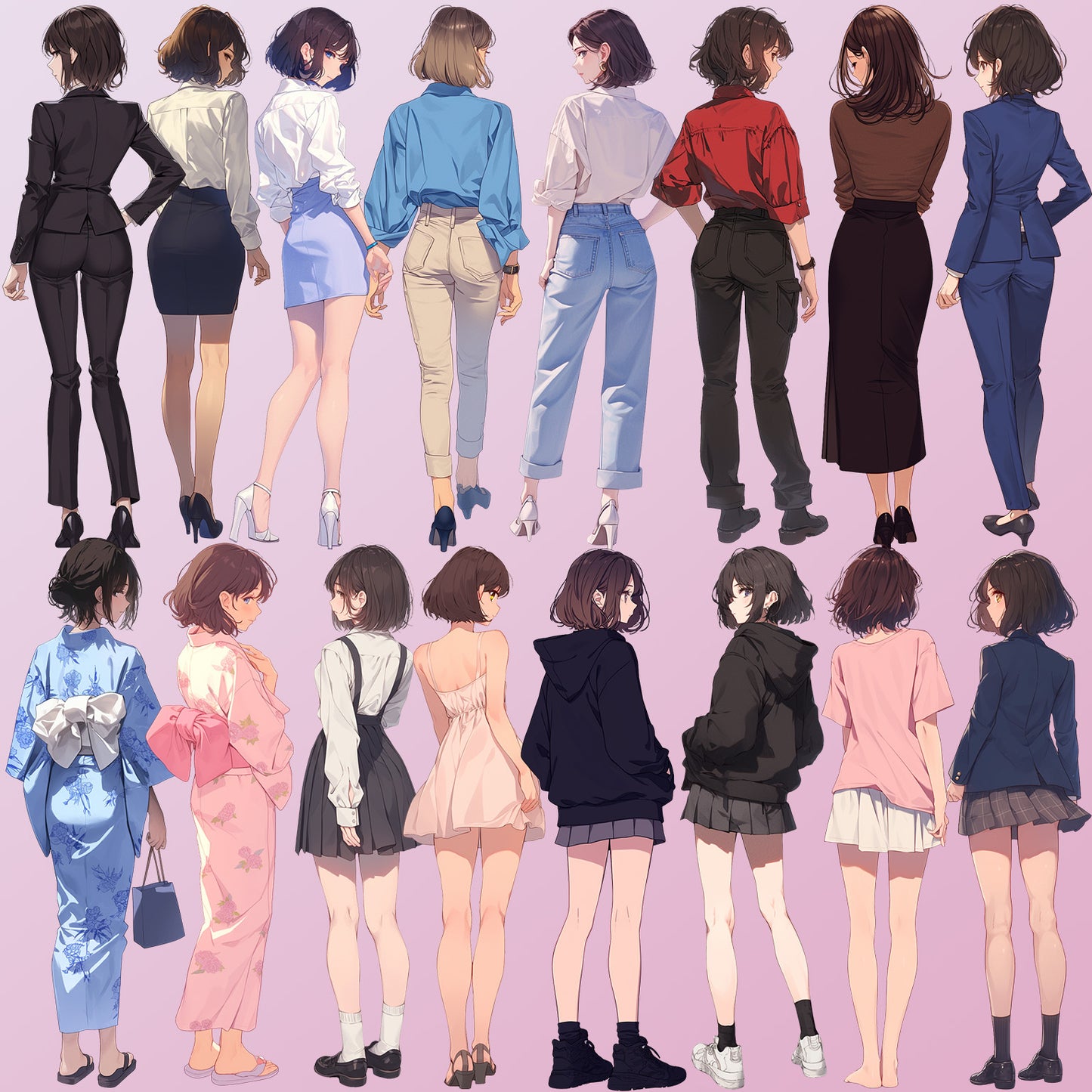 Back view 50 standing illustration (Female Full-body)