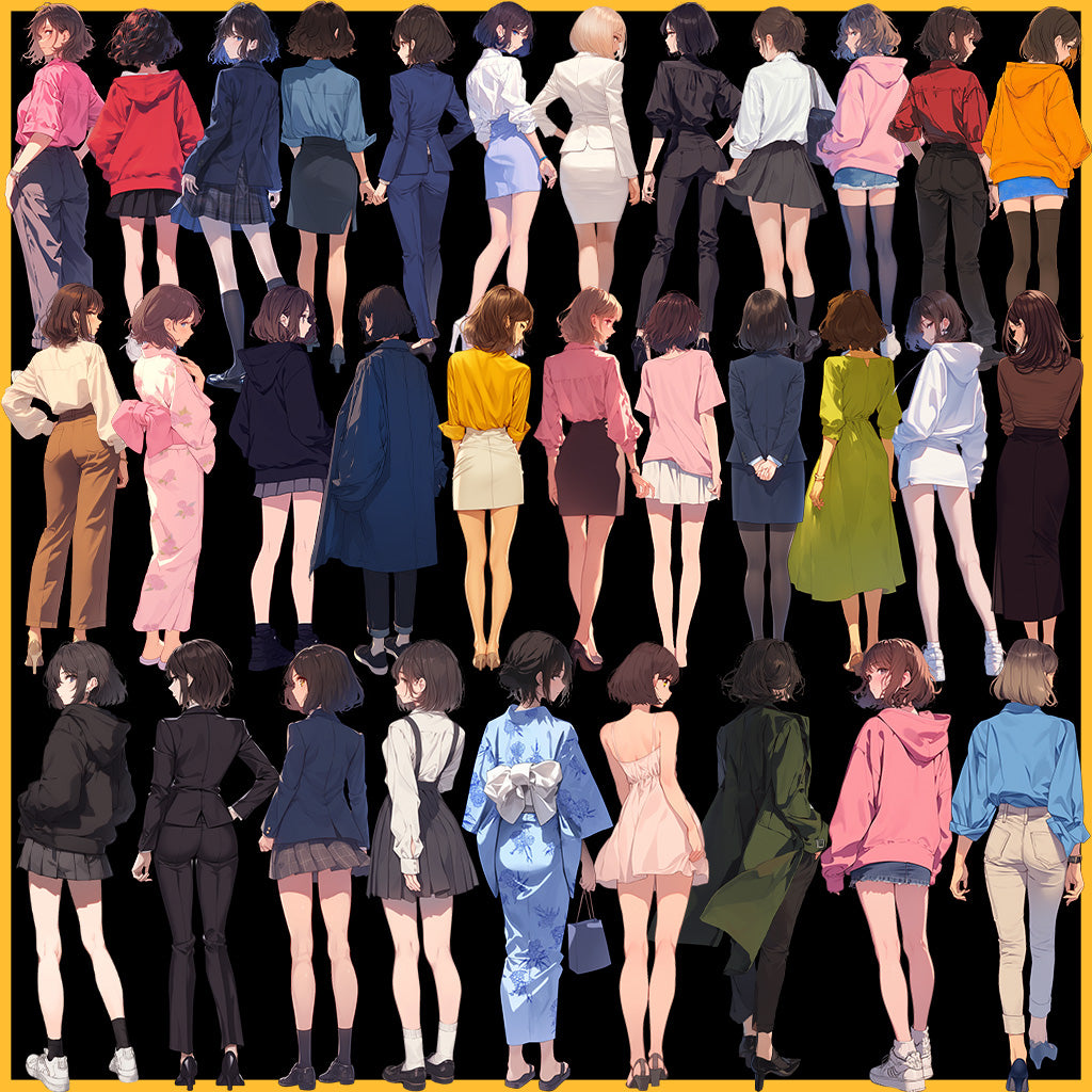 Back view 50 standing illustration (Female Full-body)
