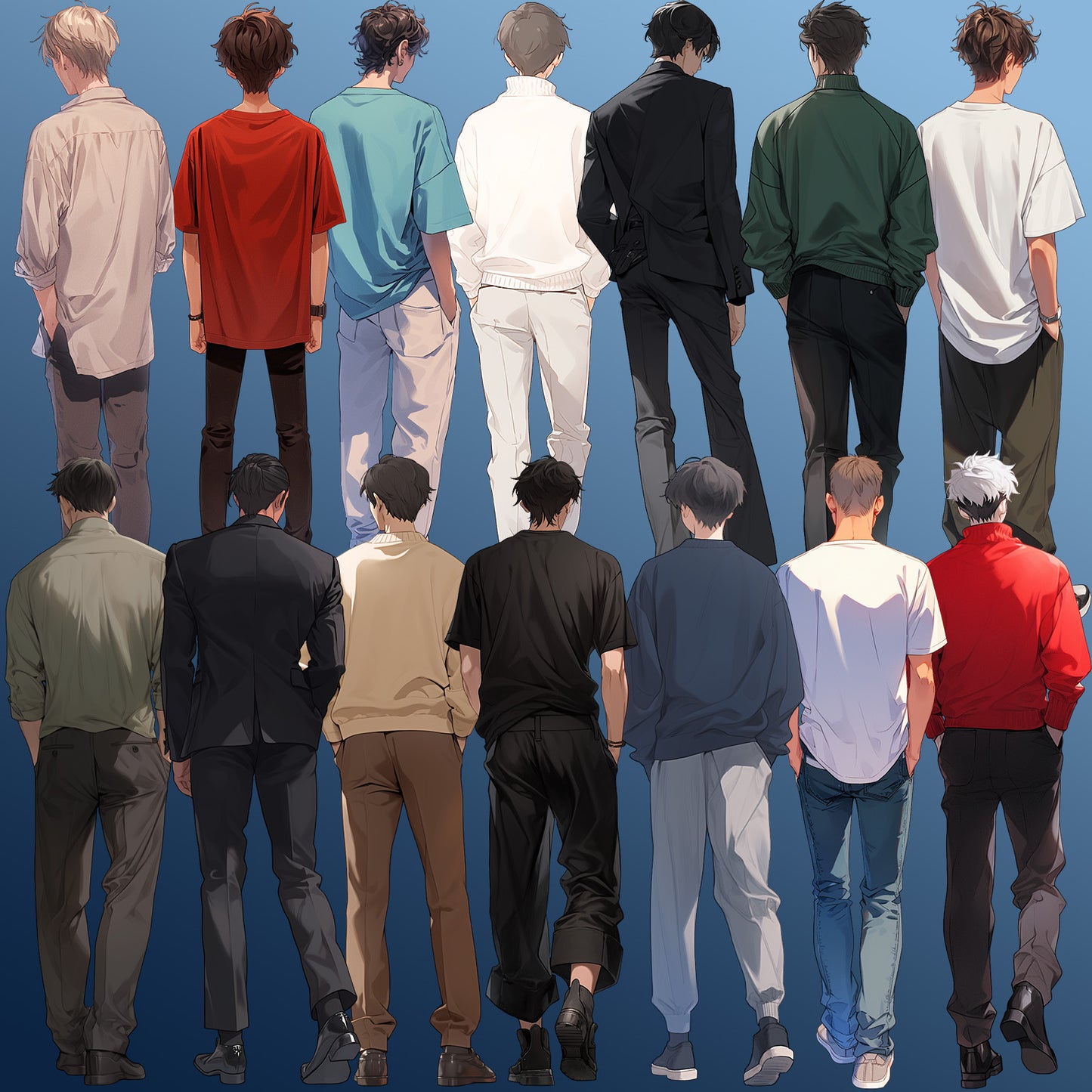 Back view 50 standing illustration (Male Full-body)