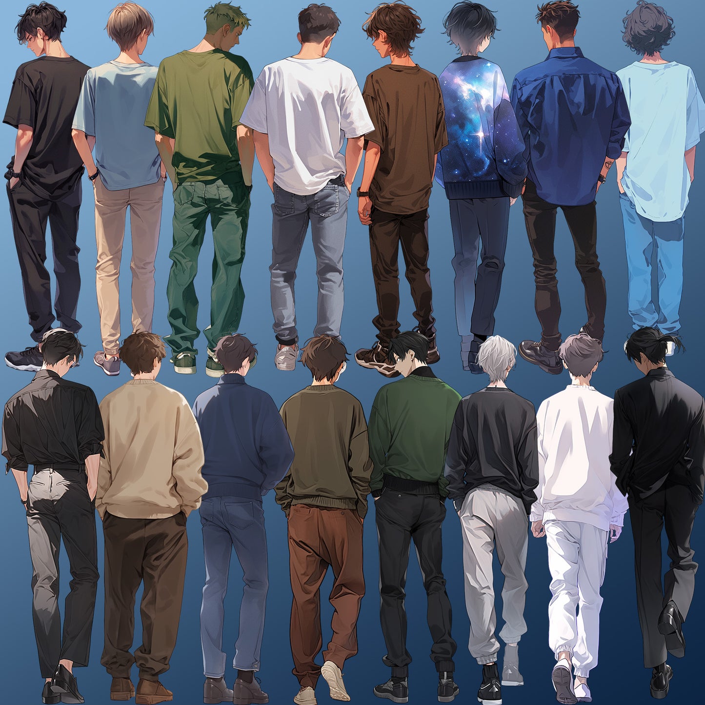Back view 50 standing illustration (Male Full-body)
