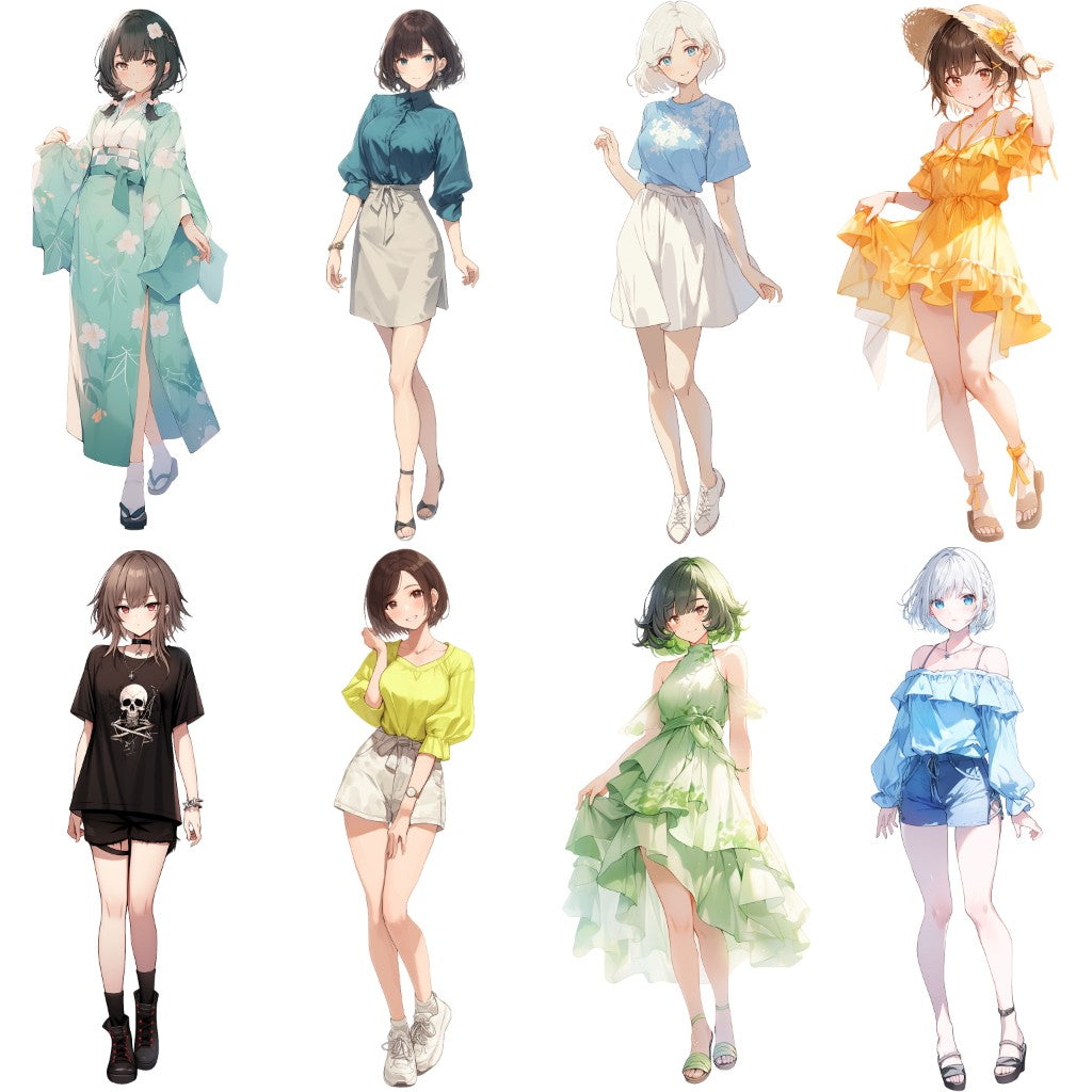 Summer clothes 50 standing illustration (Female Full-body)