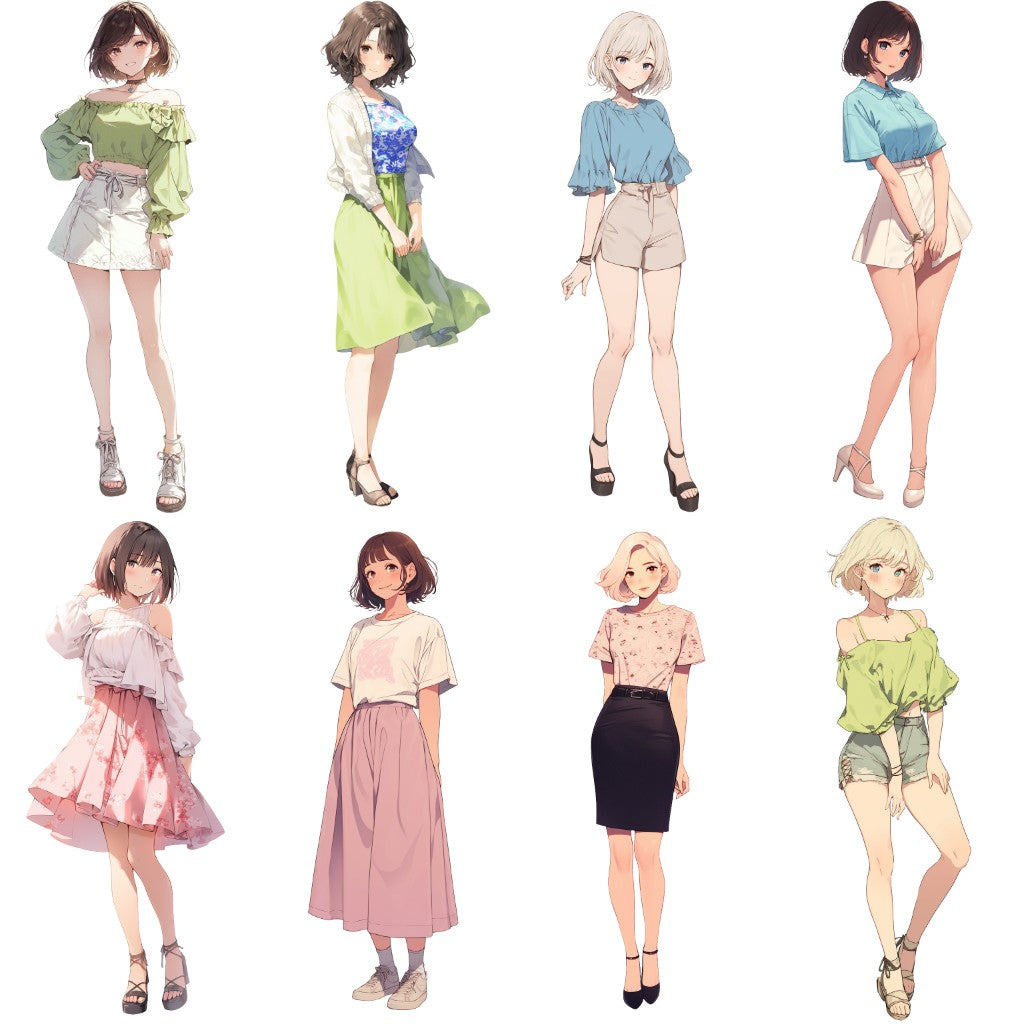 Summer clothes 50 standing illustration (Female Full-body)