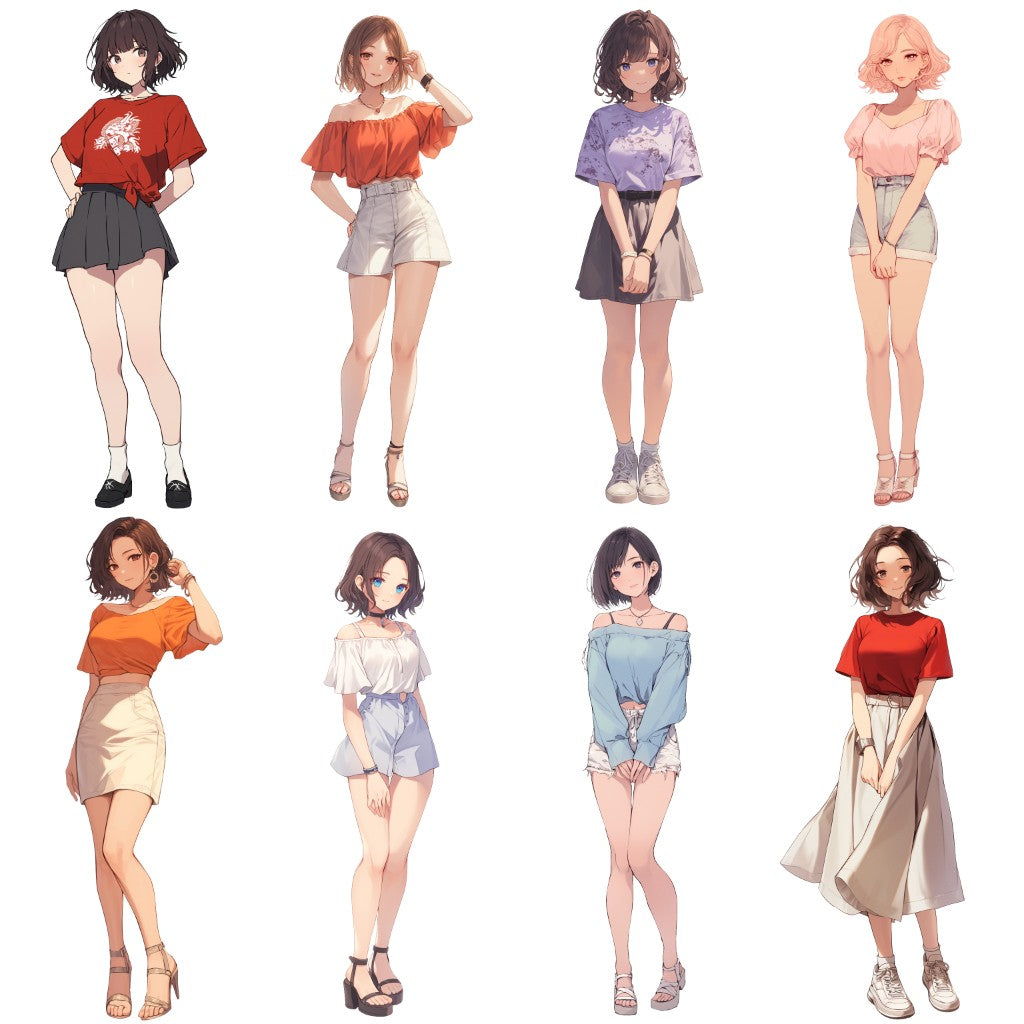 Summer clothes 50 standing illustration (Female Full-body)