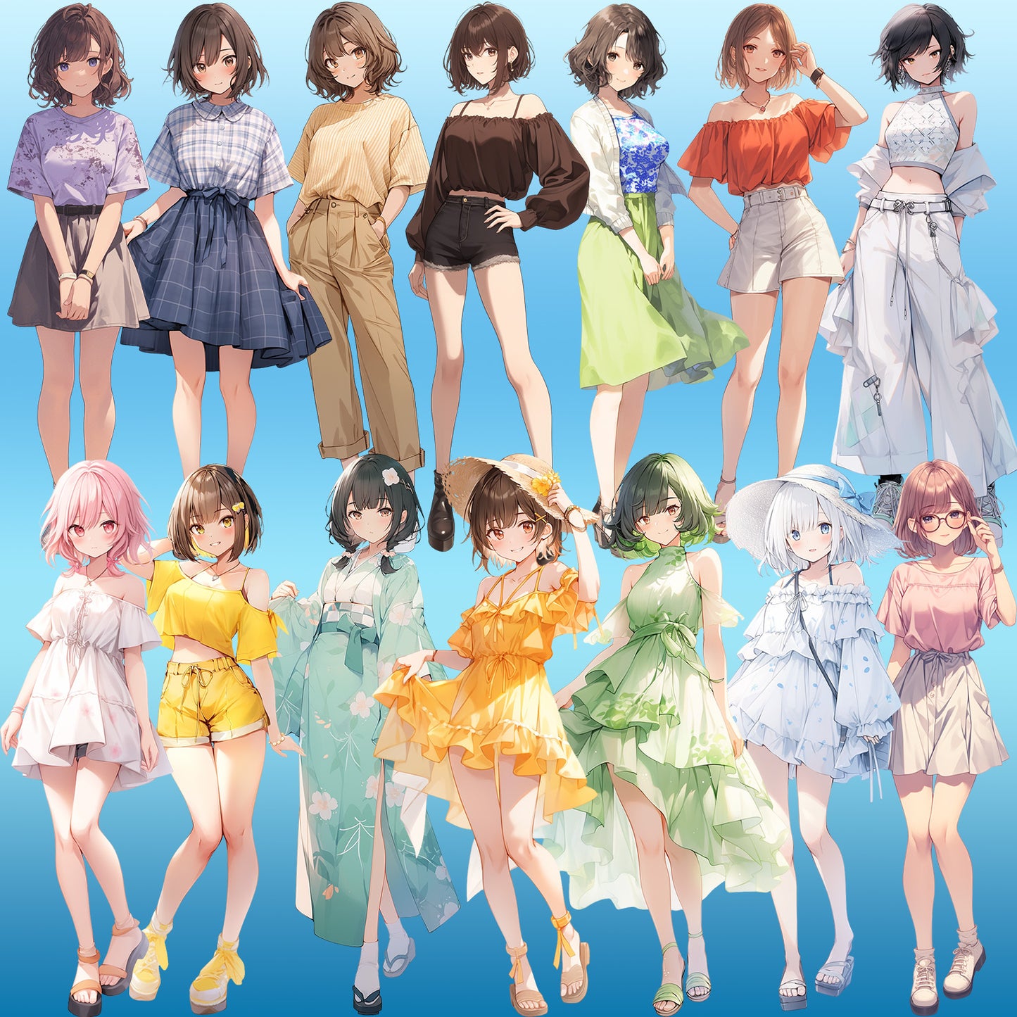Summer clothes 50 standing illustration (Female Full-body)