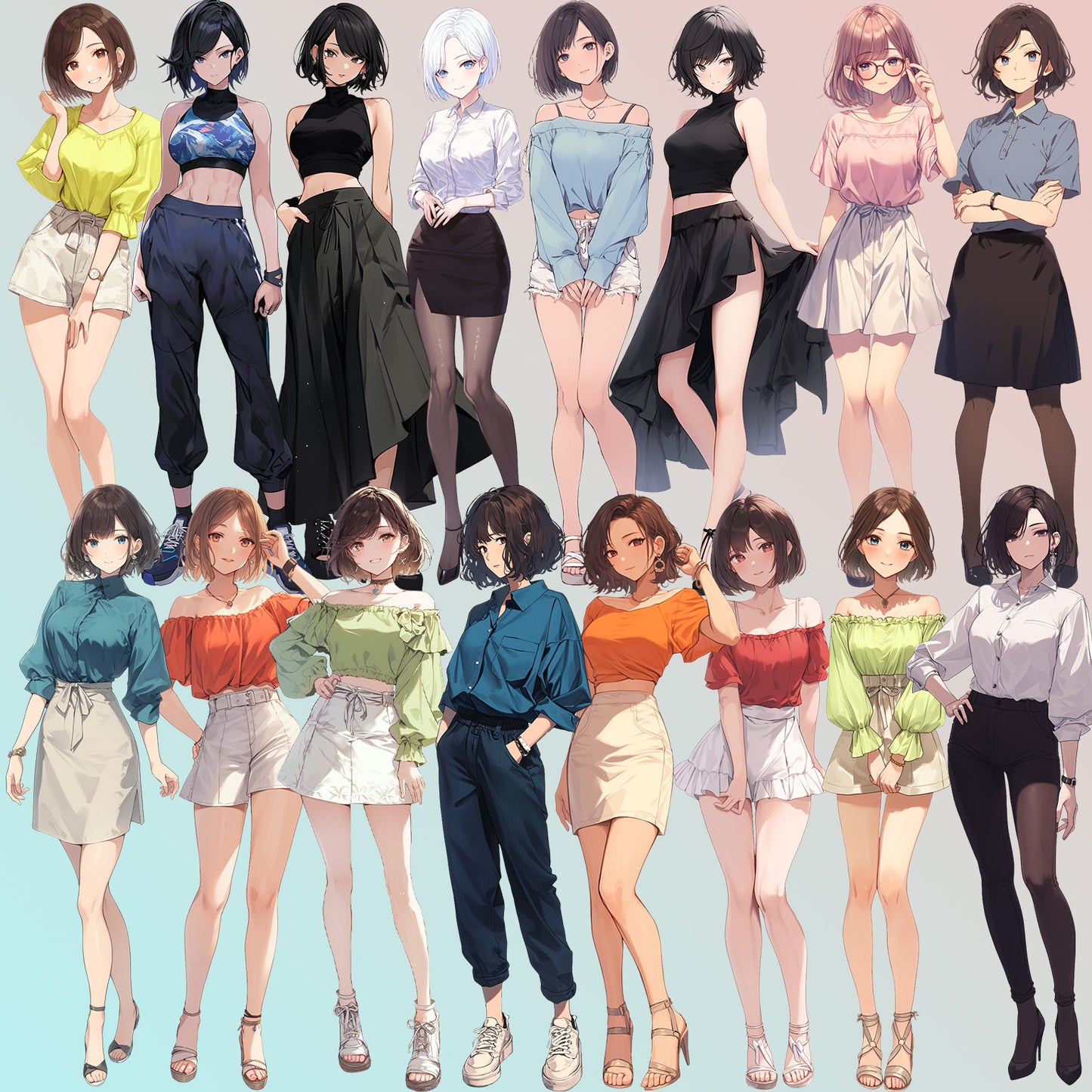 Summer clothes 50 standing illustration (Female Full-body)