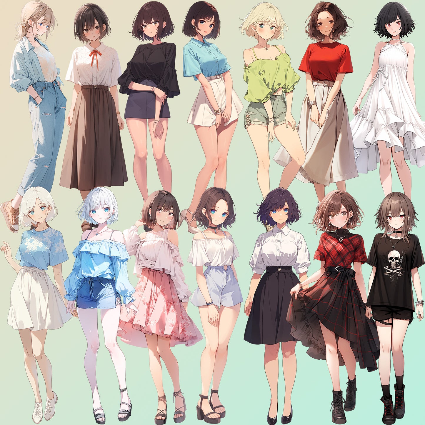 Summer clothes 50 standing illustration (Female Full-body)