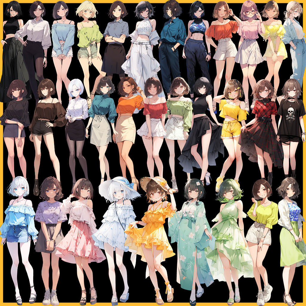 Summer clothes 50 standing illustration (Female Full-body)