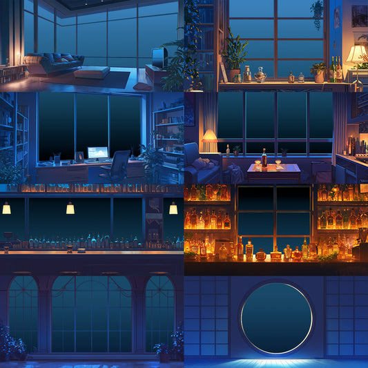 只有窗户的透明夜间房间插图